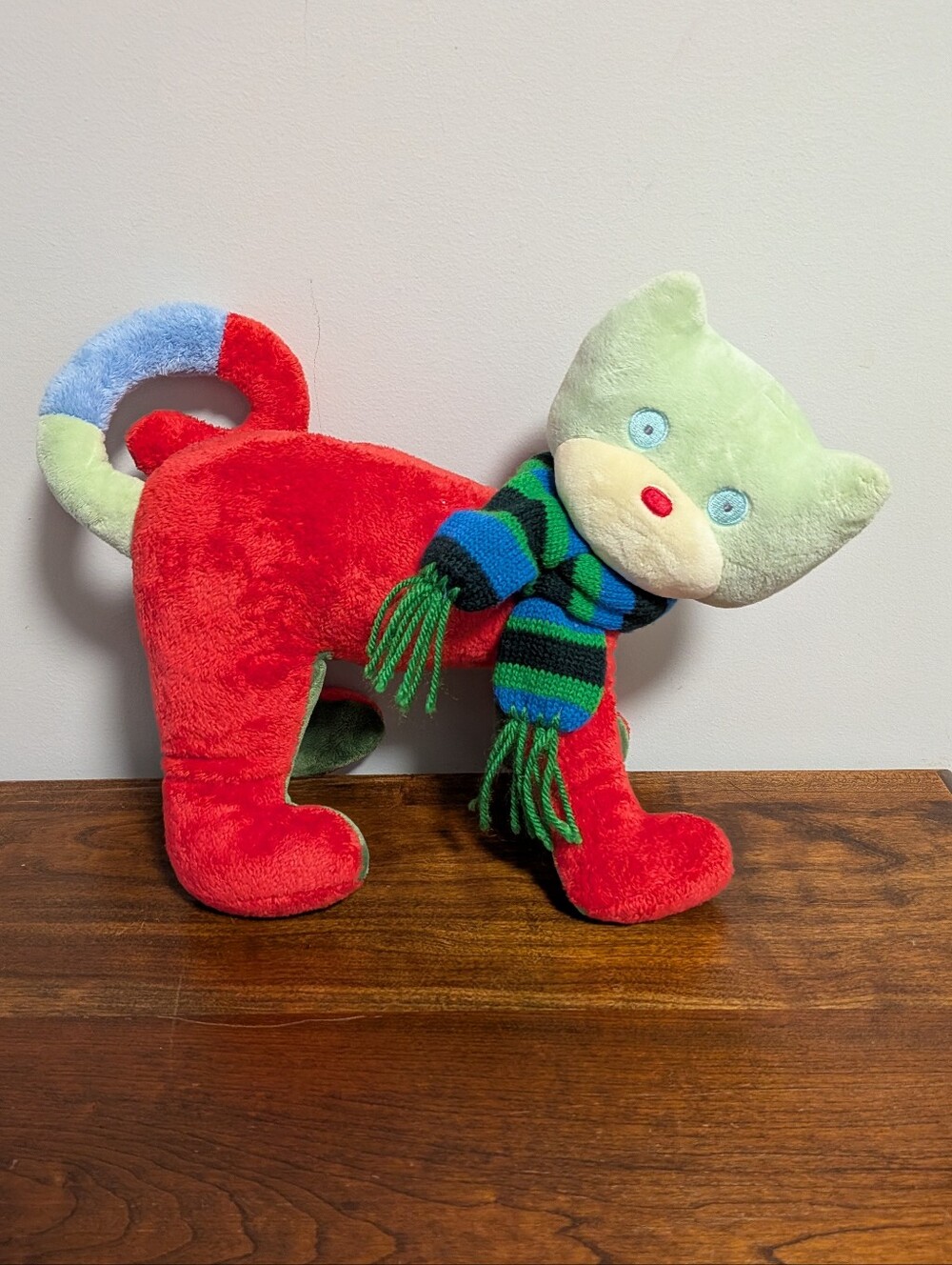 Russ Berrie. Plush Cat Toy - Red, Yellow & Green Soft Stuffed Animal Plush. EUC.